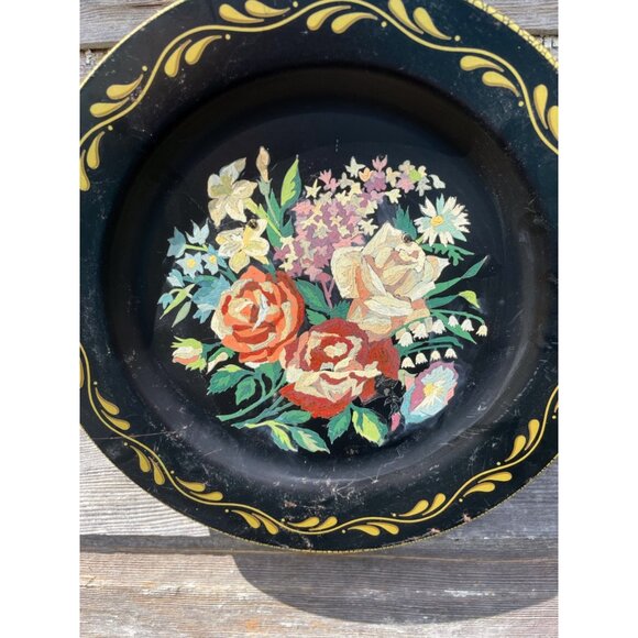 Antique 1930s Metal Toleware Hand Painted wall Plate Roses Flowers - Picture 11 of 16